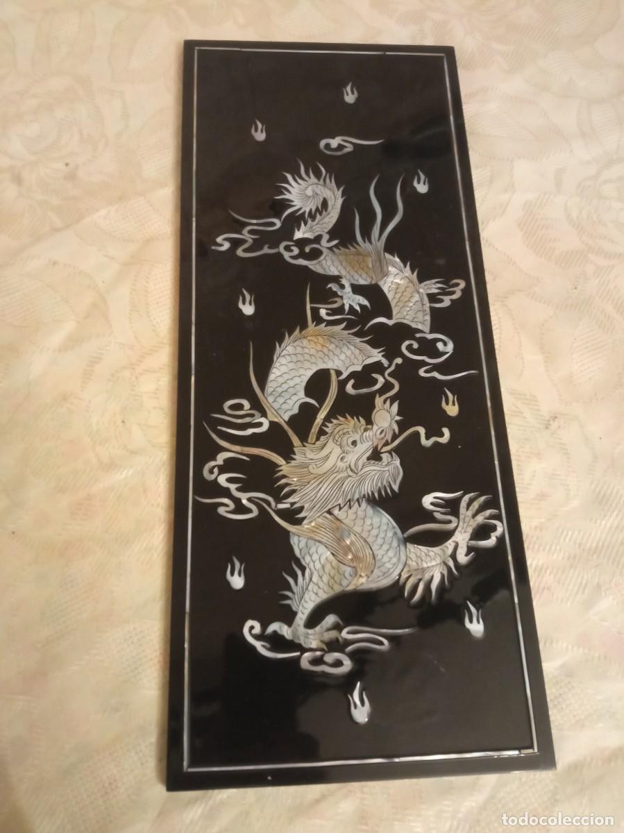 Arte: Precioso cuadro laca china y drag&oacute;n chino en n&aacute;car .