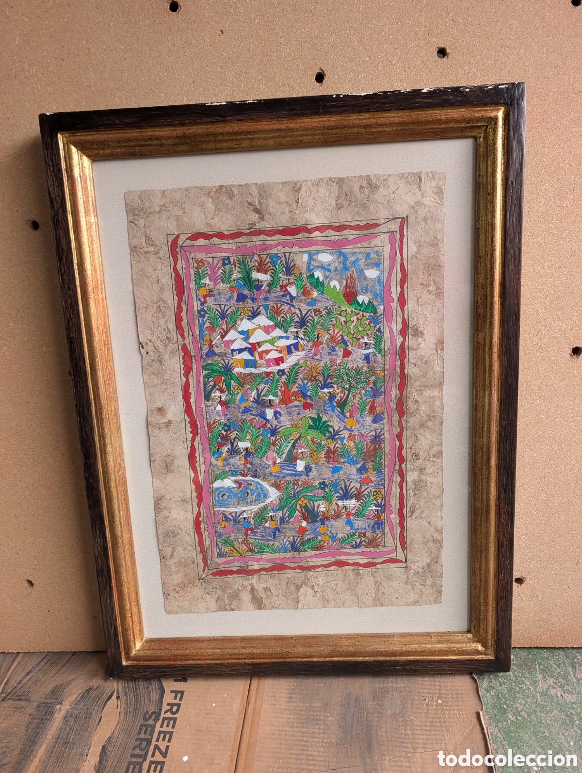 Arte: pintura folcl&oacute;rica mexicana original sobre papel amate aut&eacute;ntico. Enmarcado.