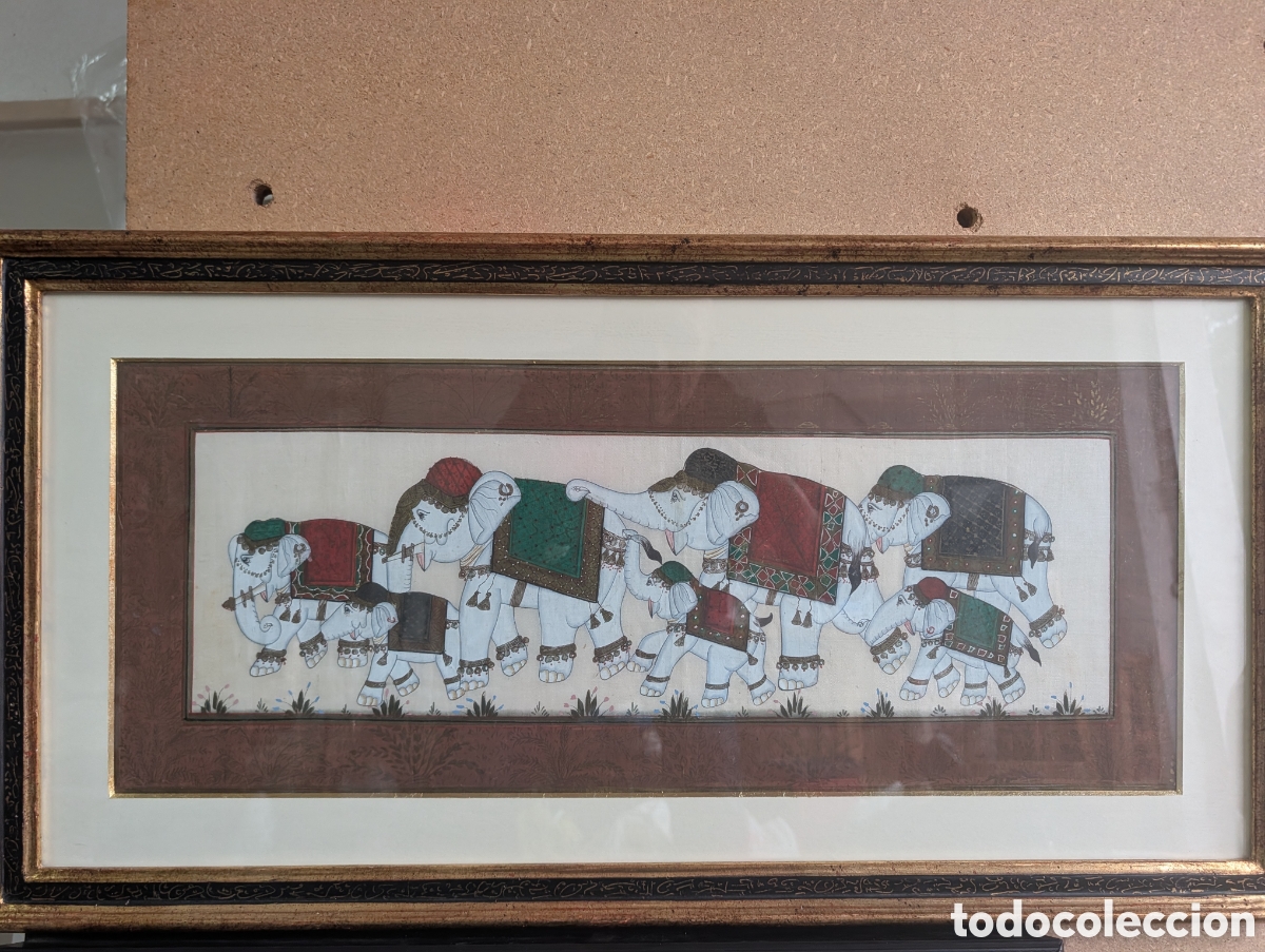 Arte: Cuadro panor&aacute;mico de pintura miniatura india original sobre seda. Elefantes reales. Enmarcado.