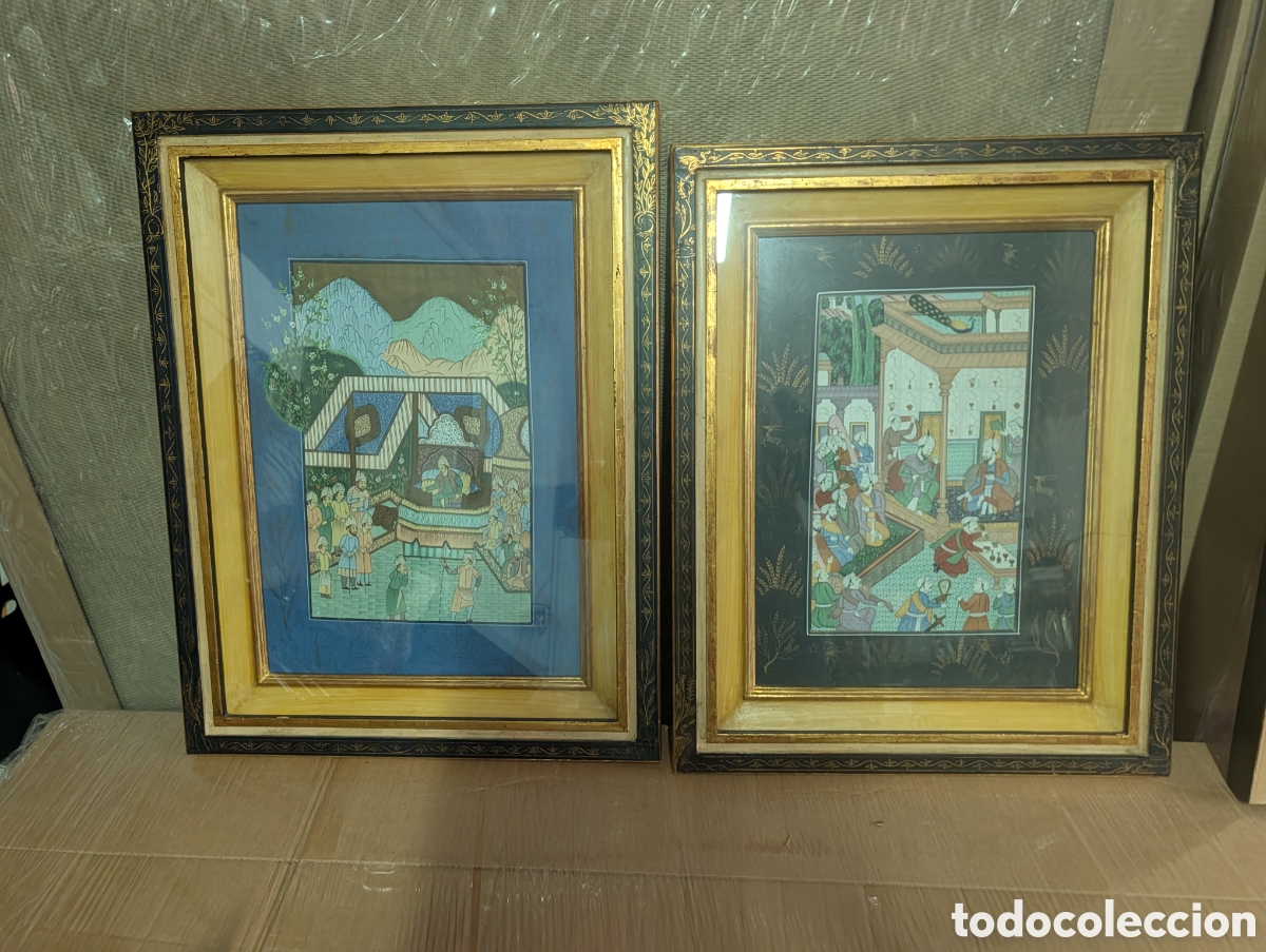Arte: Pareja de cuadros de pinturas miniaturas mogoles originales sobre seda. Enmarcados premium.