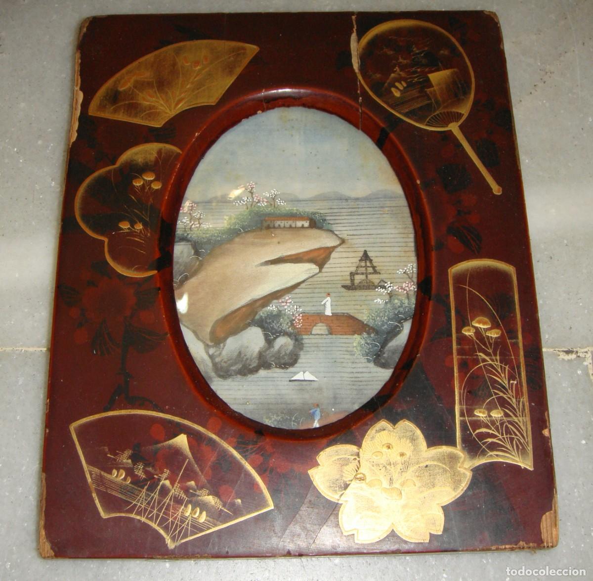 Arte: Marco Oriental Japon&eacute;s &middot; Laca Roja y Dorada &middot; Paisaje Pintado &middot; &Eacute;poca Meiji &middot; ca. 1880&ndash;1920