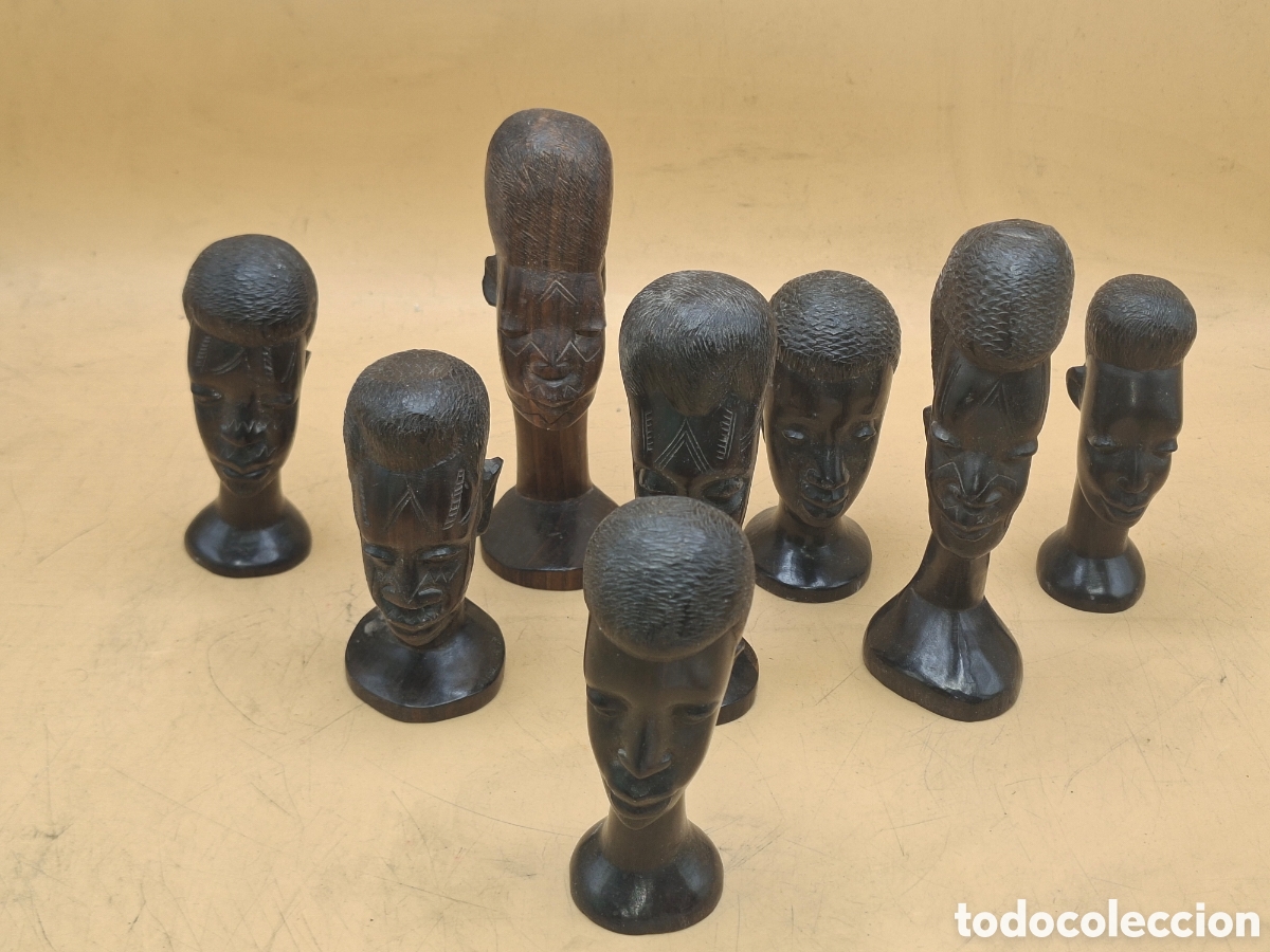 Arte: Coleccion 8 bustos tallados madera ebano africanos