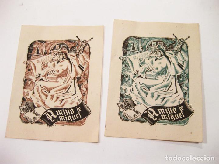 Arte: Dos Ex Libris. Amillo de Miguel. Monje copiando un libro. - Foto 1