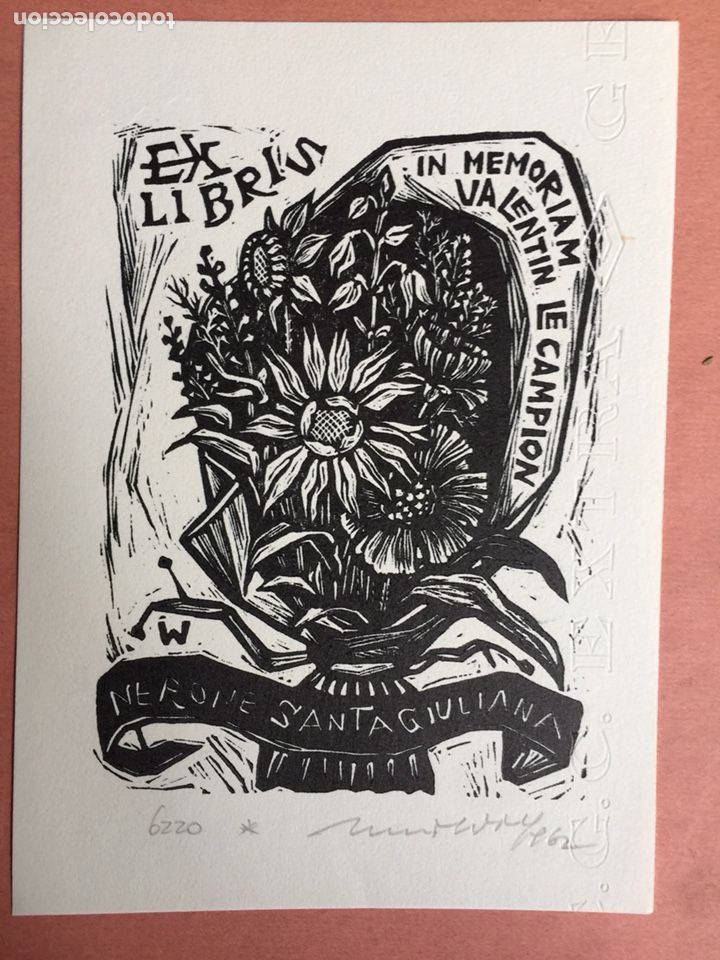 Arte: Ex Libris Nerone Santagiuliana. Remo Wolf. Xilogr&aacute;fico - Foto 1