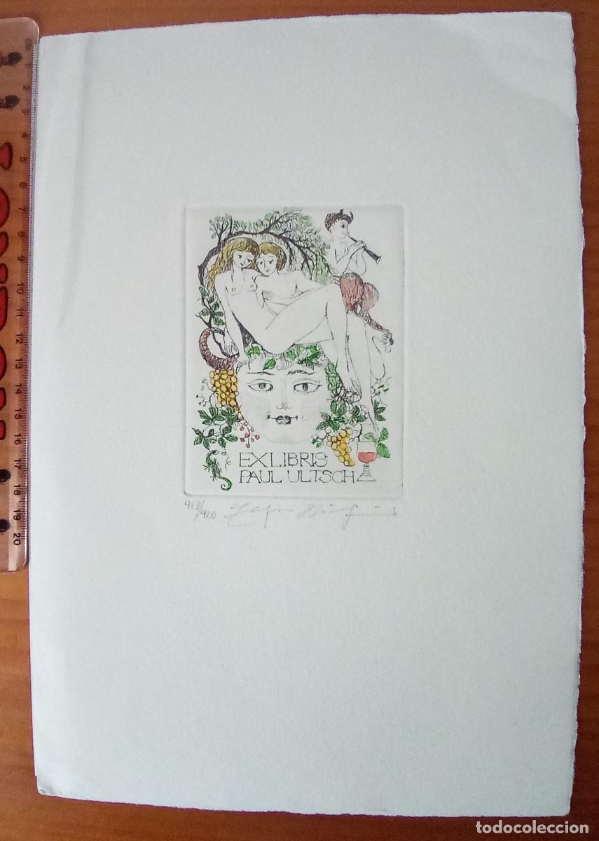 Arte: Ex-libris Exlibris Elfriede Weidenhaus. Baco S&aacute;tiro Uvas Vino Cornucopia Desnudo Er&oacute;tico