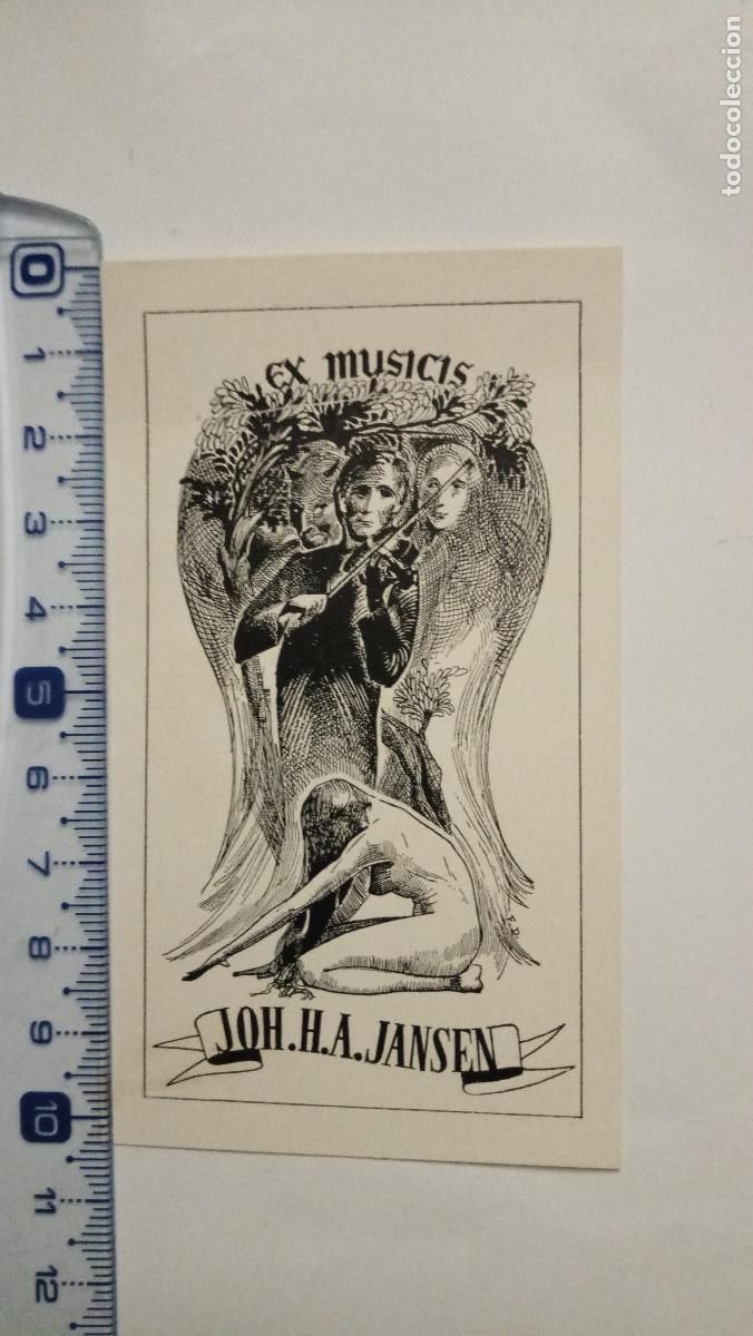 Art: Ex-libris Exlibris Fokke Duetz, 1950. M&uacute;sica Arbol Viol&iacute;n Mujer Desnudo