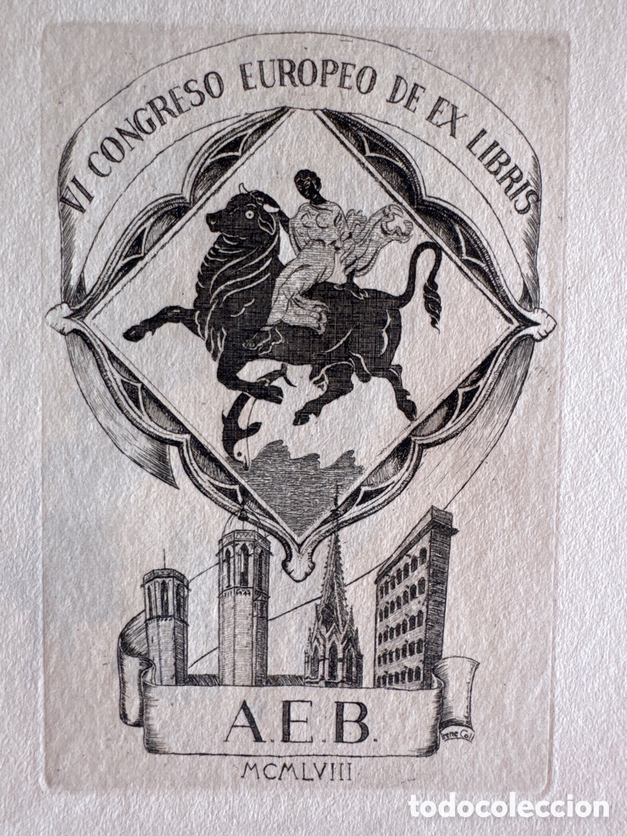 Arte: Ex-libris-IRENE COLL, 1958-C3-AEB,VI CONGRES EUR- &ldquo;Rapte d&rsquo; Europa&rdquo;