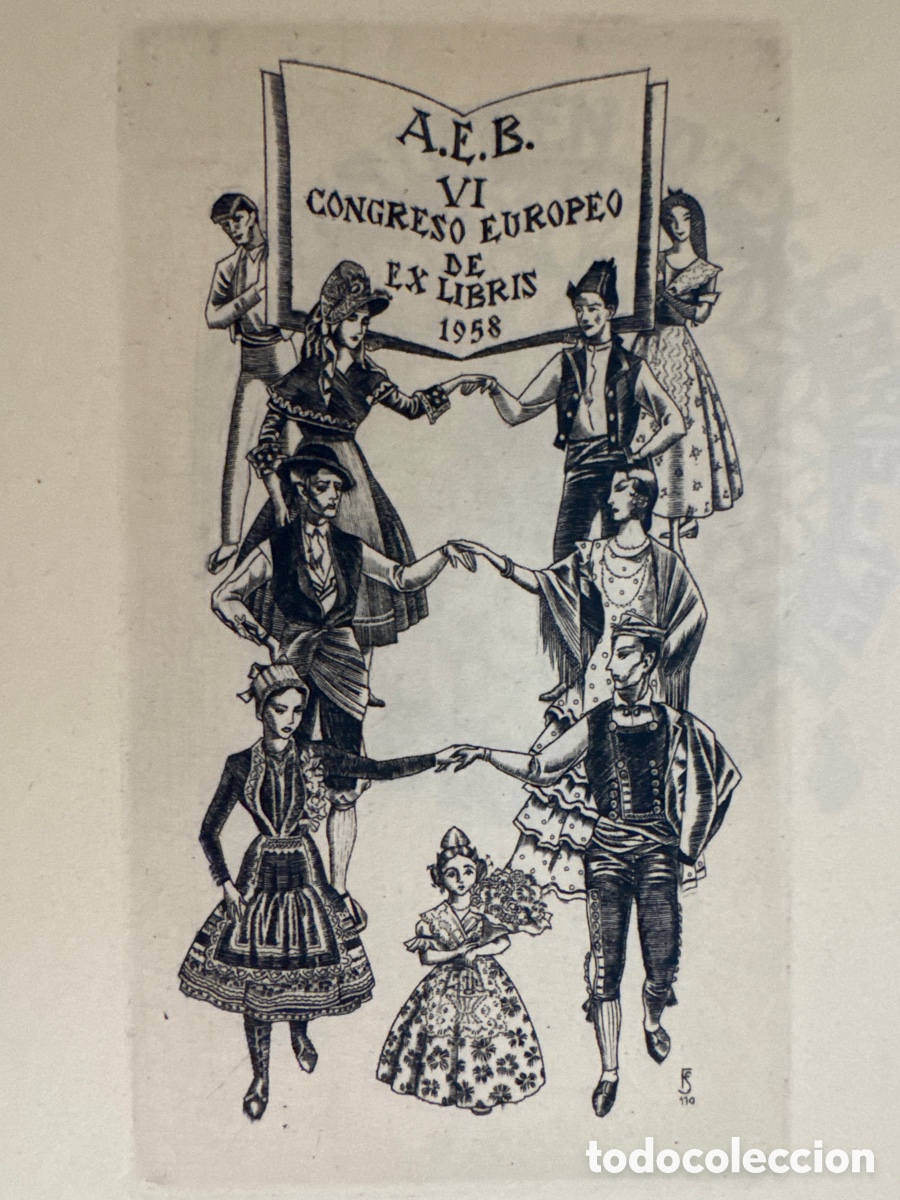 Arte: Ex-libris-JULIO FERNANDEZ SAEZ, 1958-C3-AEB,VI CONGRES EUR- &ldquo;Ball popular&rdquo;