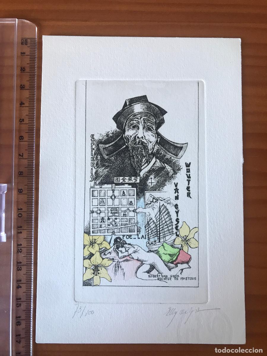 Arte: Ex-libris Exlibris Elly de Koster, opus 422, 2002. China Junco Flor Mujer Desnudo
