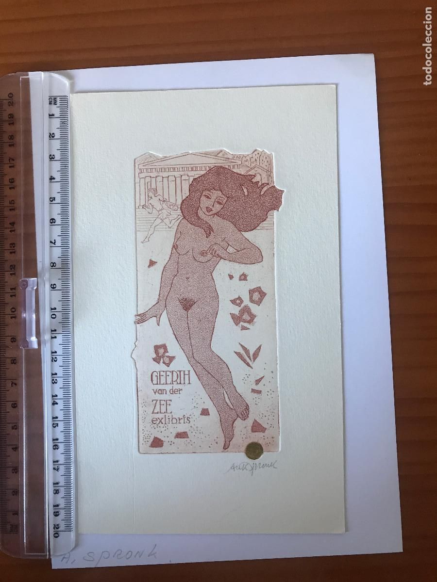 Arte: Ex-libris Exlibris Ank Spronk. Templo Grecia Mujer Desnudo