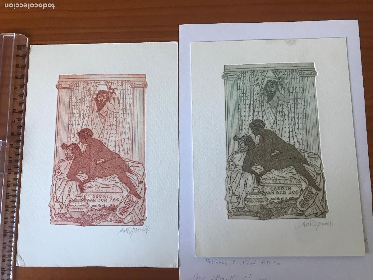Arte: Lote de 2 Ex-libris Exlibris Ank Spronk. Mitolog&iacute;a griega Vulcano Apolo Mujer Desnudo