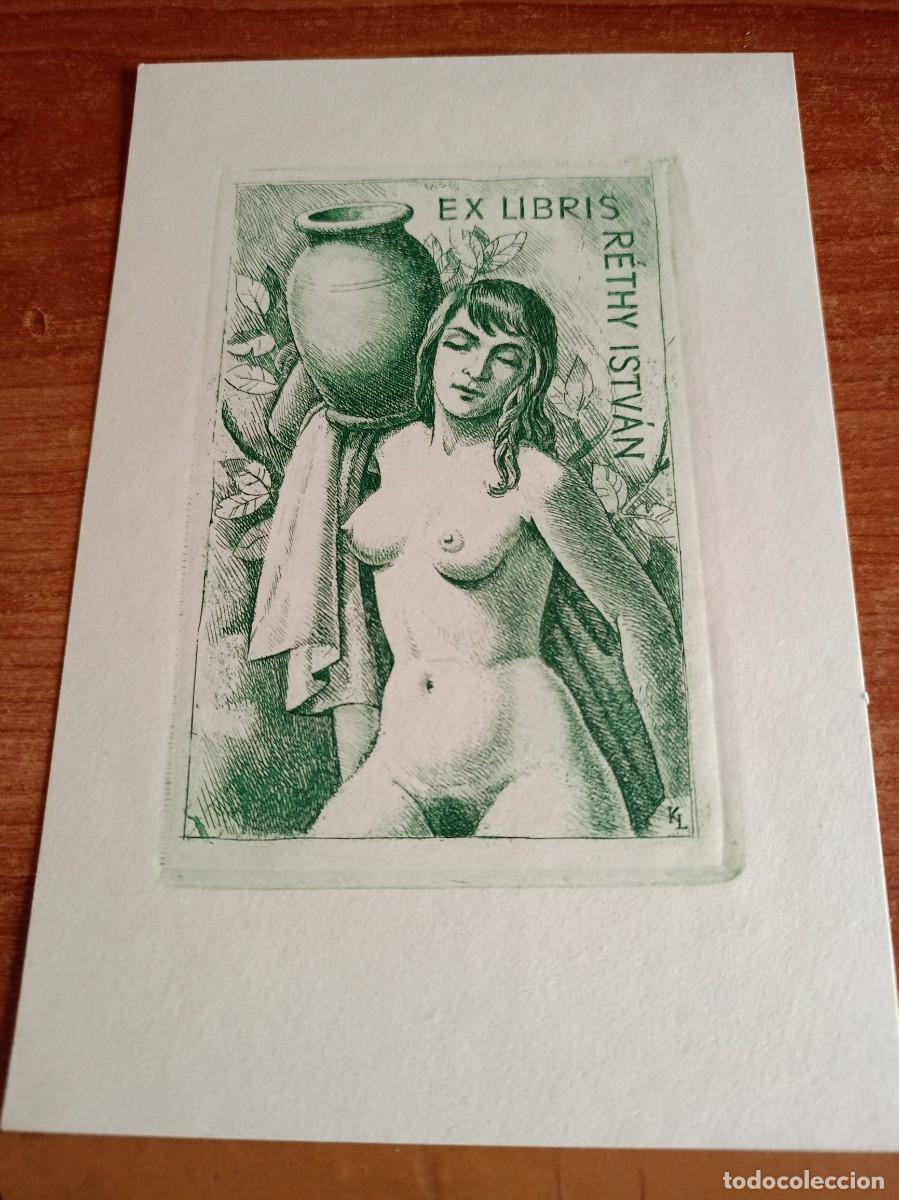 Arte: Exlibris Rethy Istv&aacute;n de Laszlo Kekesi. Mujer desnuda con c&aacute;ntaro - Foto 1
