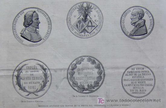 Arte: DIBUJO DEL ANVERSO Y REVERSO DE MEDALLAS ACU&Ntilde;ADAS CON OCASION DEL CENTENARIO DE CALDERON DE LA BARCA