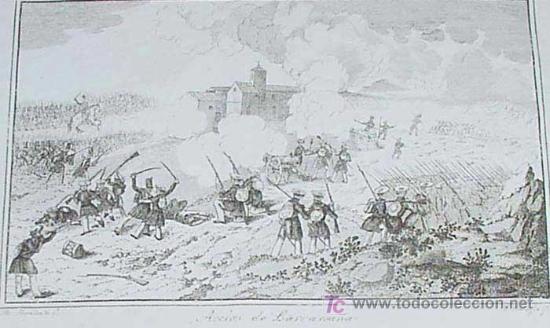 Arte: ANTIGUO GRABADO DE LA I GUERRA CARLISTA  CARLISMO - ACCION DE LARRASOA&Ntilde;A - REALIZADO POR MIRANDA Y G