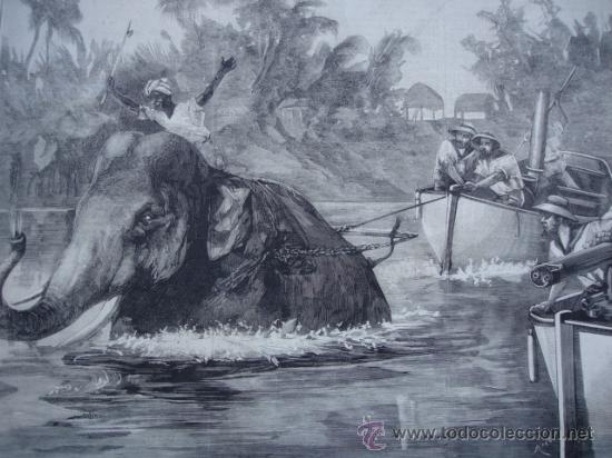 Kunst: BIRMANIA,ELEFANTE TIRANDO DE BARCO