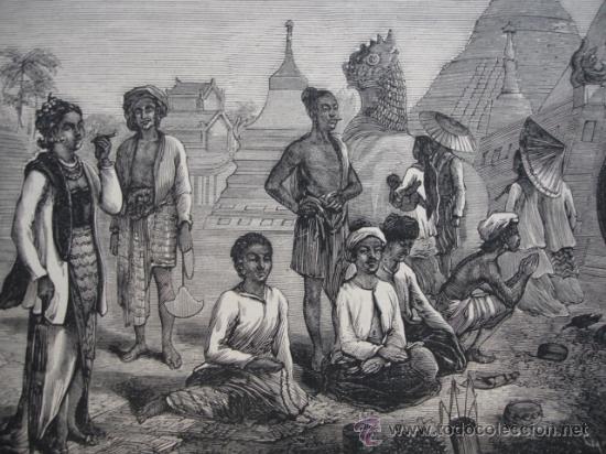 Art: BIRMANIA,SECTARIOS BUDISTAS ORANDO,1875