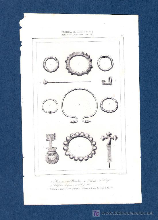 Arte: GRABADO s. XIX * FRANCIA * Galos : [joyas] Anillos y brasaletes, fibula, llave, llave sortija...