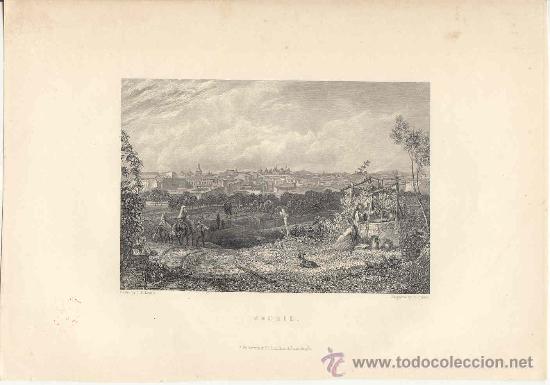 Arte: Vista general de Madrid - Grabado original s. XIX - J. F. Lewis