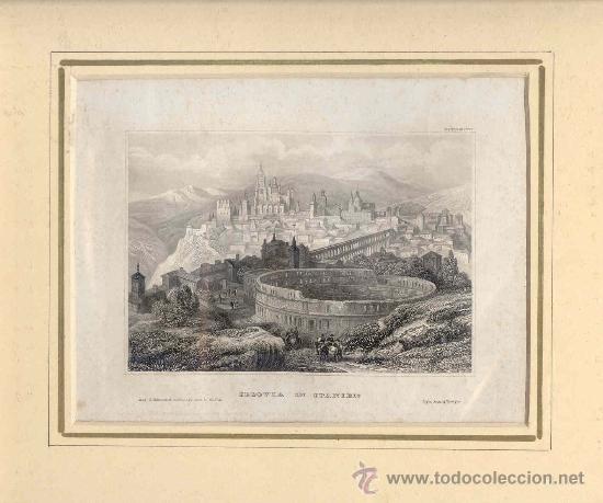Art: Vista general de Segovia - Grabado original antiguo del siglo XIX