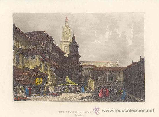Kunst: Mercado de Vitoria, iglesia de San Pedro - Grabado original coloreado s. XIX