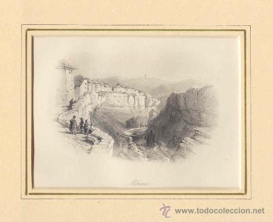 Arte: Vista de Alhama, Granada - Grabado original antiguo del siglo XIX