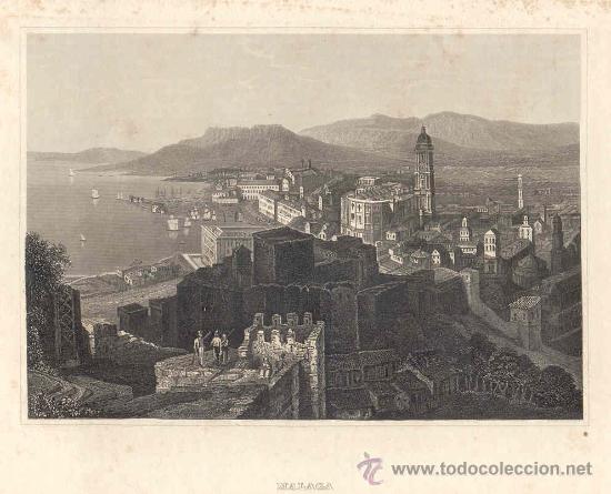 Arte: Vista de M&aacute;laga desde la Alcazaba - Grabado original en acero s. XIX