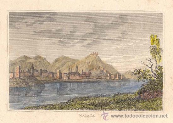 Art: Vista de M&aacute;laga - Grabado original coloreado a mano - Siglo XIX