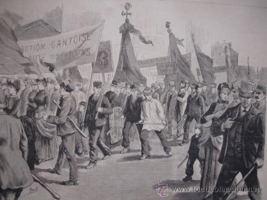 Kunst: BRUSELAS.MANIFESTACION SOCIALISTA.LA ILUSTRACION DE ESPA&Ntilde;A.S CALLEJA.1886.24X17