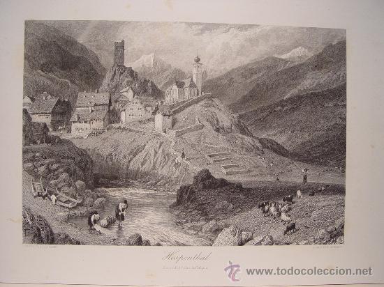 Arte: Hospenthal, Suiza - Grabado original coloreado a mano, J. Saddler - 1876