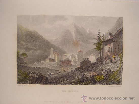 Kunst: El Simpl&oacute;n, Valais, Suiza - Grabado original coloreado a mano - Finden - 1832