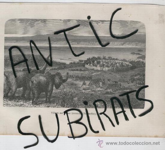 Arte: ANTIGUO GRABADO AFRICANO DE  AFRICA POBLADO CERCA EL LAGO LIEMMBA TANGANIKA LIVINGSTONE FAUNA