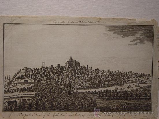 Arte: Catedral y ciudad de Exeter, Devon - Grabado original ingl&eacute;s - s. XVIII - Foto 1