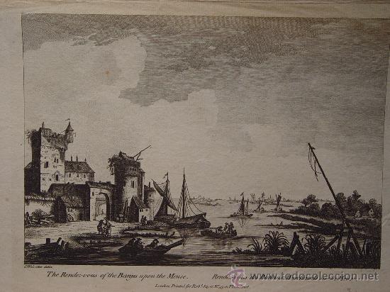 Art: Barcazas en el r&iacute;o Mosa - Aguafuerte original seg&uacute;n Weirotter - s. XVIII