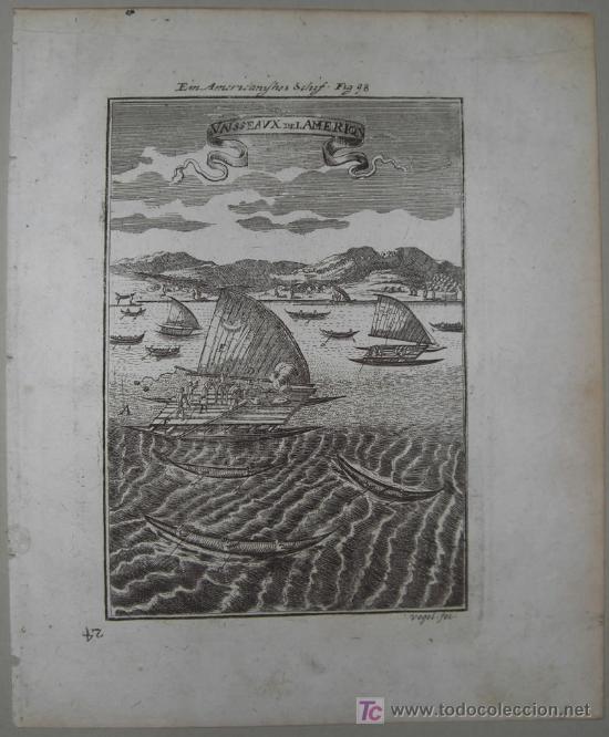 Arte: Grabado &ldquo;Barcos de Am&eacute;rica&rdquo; de Mallet, 1719 - Foto 2