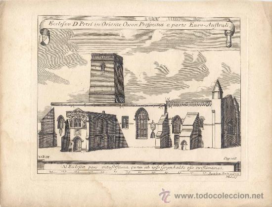 Arte: Iglesia de St Peter-in-the-East, Oxford - Grabado original s. XVIII