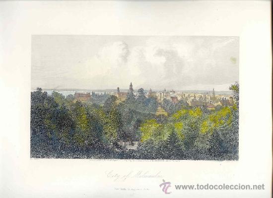 Arte: Vista de la ciudad de Milwaukee - Grabado original coloreado a mano - 1872
