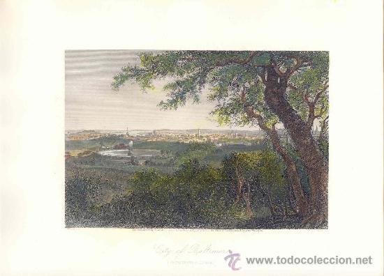 Art: Vista de Baltimore desde Druid Hill Park - Grabado coloreado a mano - 1873