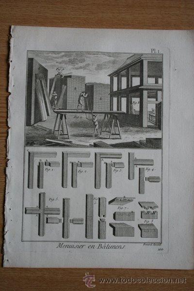 Arte: (L&aacute;minas de artes y oficios). Menuisier en b&acirc;timens. Planche 1. - Foto 1