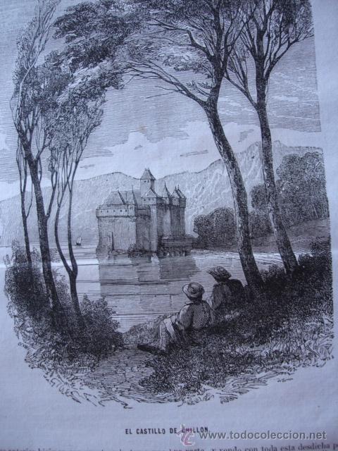 Arte: CASTILLO DE CHILLON SUIZA .GRABADO DE 1849.15X19