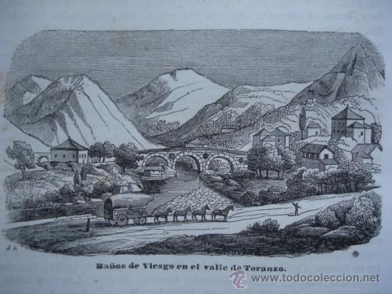 Arte: BA&Ntilde;OS DE VIESGO EN EL VALLE DE TORANZO SANTANDER.GRABADO DE 1845.11X7