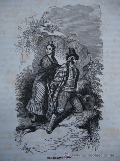 Arte: MALAGUE&Ntilde;OS.TRAJES MALAGA.GRABADO DE 1845.11X7