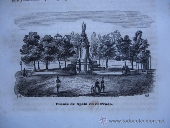 Arte: FUENTE DE APOLO EN EL PRADO.MADRID.GRABADO DE 1845.11X7.J ABRIAL DIBUJO.ORTEGA GRABO