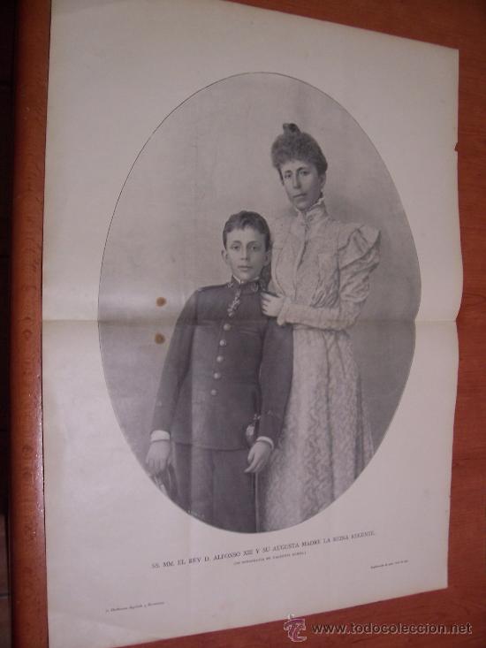 Arte: GRABADO 1897 - SS. MM. EL REY D. ALFONSO XIII Y SU AUGUSTA MADRE LA REINA REGENTE