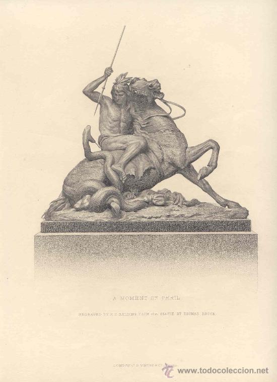 Arte: A Moment of Peril - Grabado original s. XIX - Escultura de Thomas Brock