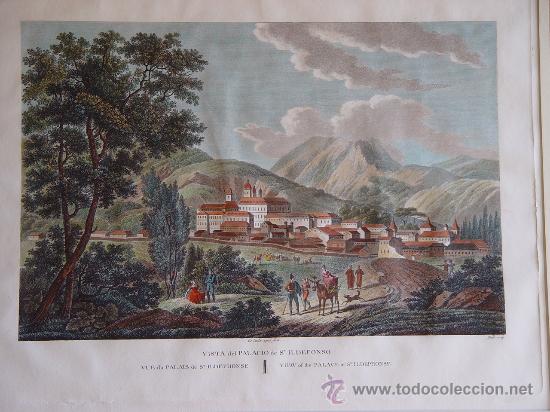 Arte: Palacio de San Ildefonso, Segovia - Grabado original Laborde coloreado