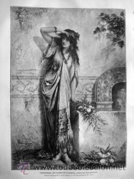 Arte: Antiguo Grabado : VENDEDORA DE FLORES EN POMPEYA, cuadro H&eacute;ra Coomans. 1885. Ilustraci&oacute;n Art&iacute;stica