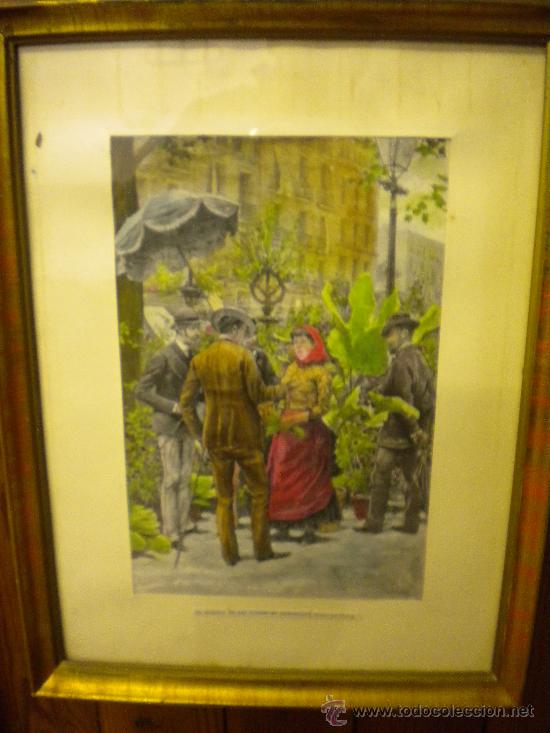 Arte: Grabado coloreado de Pellicer, Rambla de Barcelona 1884.