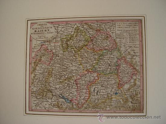 Art: Mapa de Baviera, Wurtemberg y Baden - Grabado coloreado - J. Walch, Augsburgo