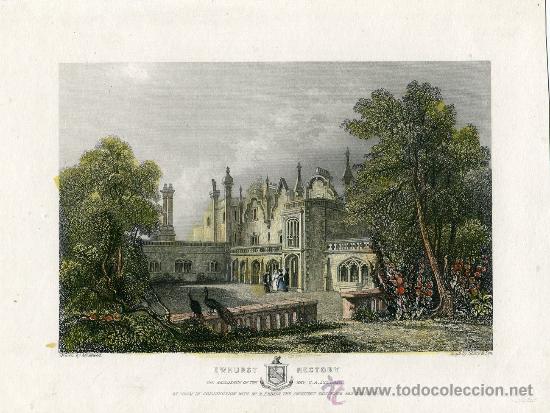Art: Ewhurst Rectory, Inglaterra - Grabado original coloreado a mano - Shury 1840