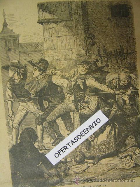 Arte: escenas populares,los quintos,calle de avila,valeriano becquer,14x19,grabado 1887,ref rob bols3